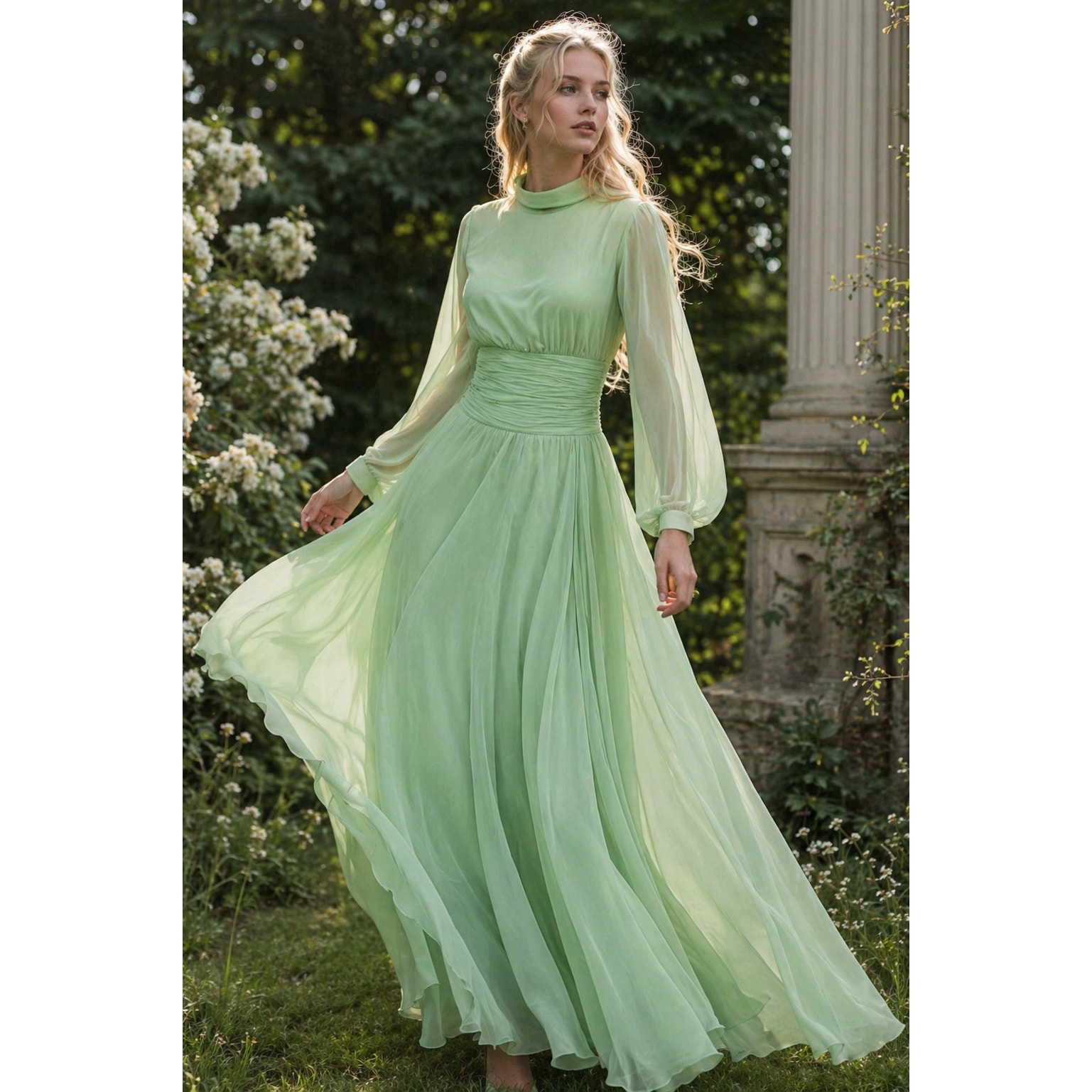 Vintage 70s Mint Green Chiffon Maxi Dress Bishop Sleeve Fairycore S Xs